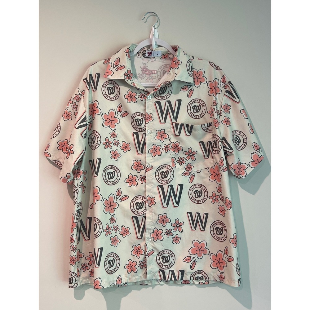 Washington Nationals MLB Cherry Blossom Mash Button Up Shirt Mens Large White
